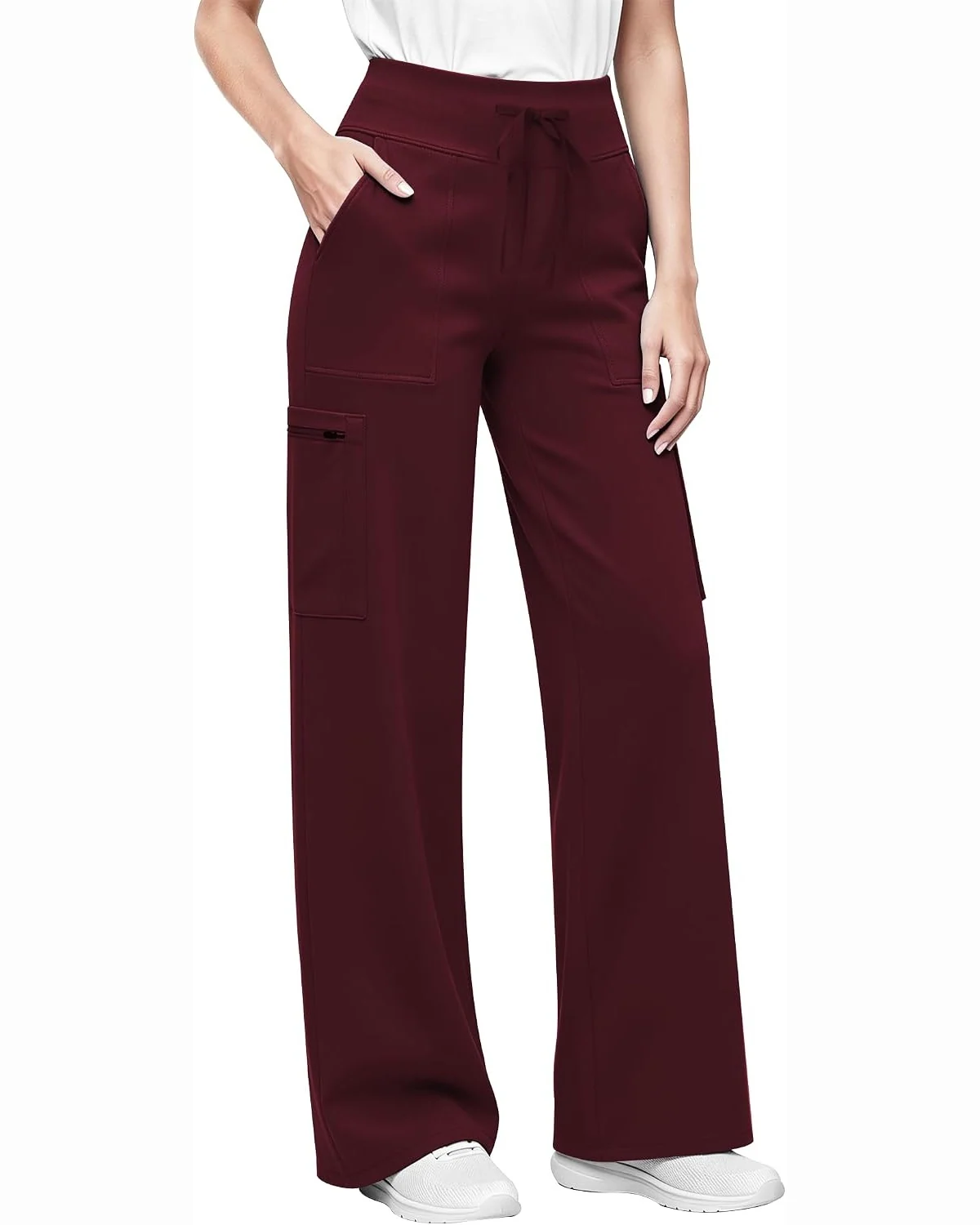Wide-Leg Scrub Pants in Wine, KECOLS
