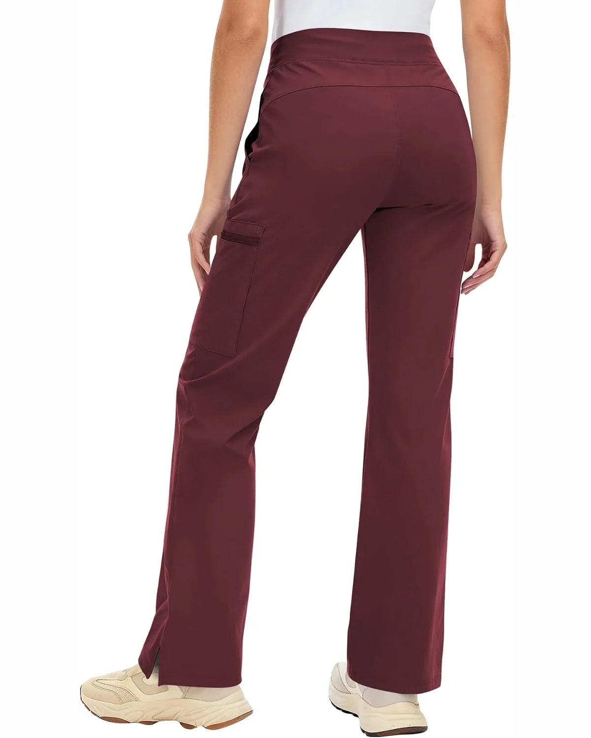 High-Rise Cargo Scrub Pants in Wine, KECOLS