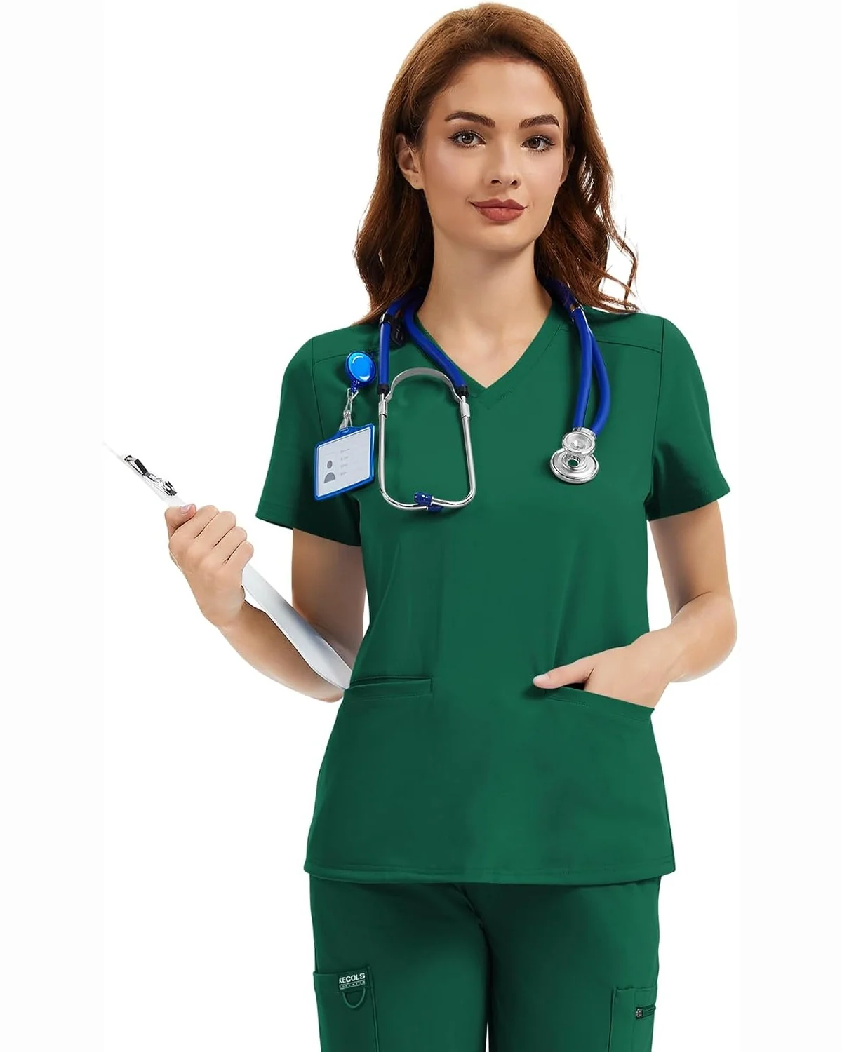 V-Neck Scrub Top in Hunter Green, KECOLS
