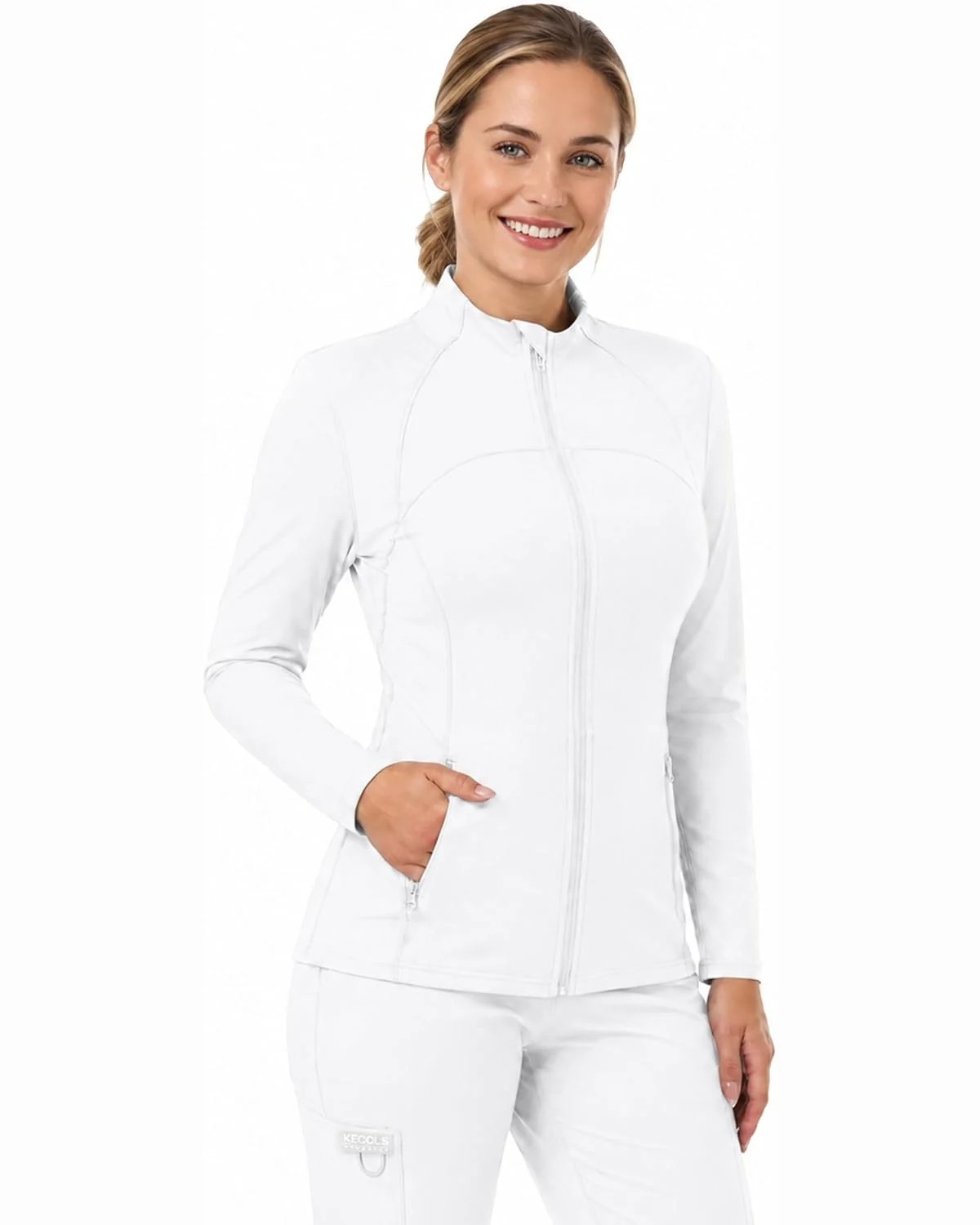 Zip-Front Scrub Jacket in White, KECOLS