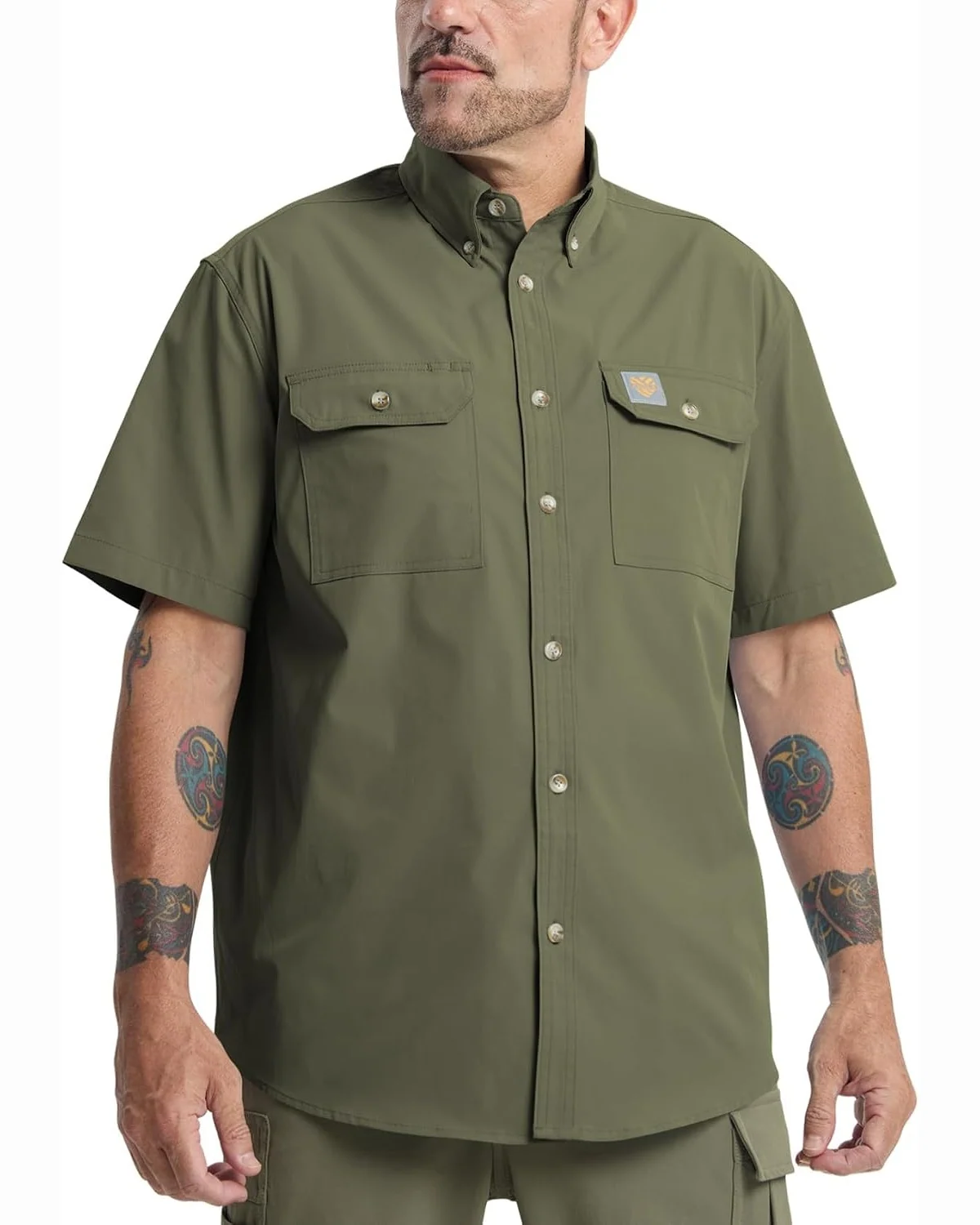 Short-Sleeve Utility Shirt in Military Green, KECOLS