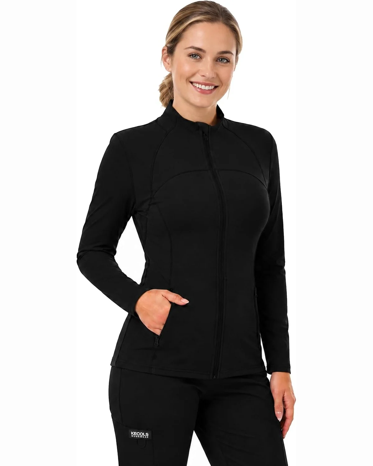Zip-Front Scrub Jacket in Black, KECOLS