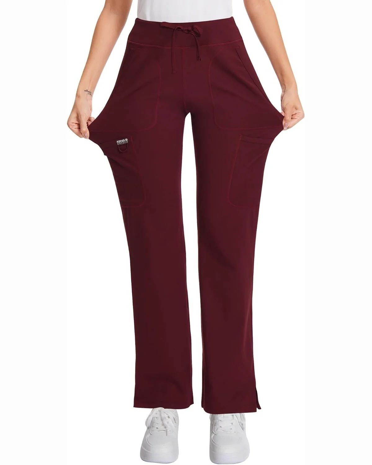 Five-Pocket Yoga Scrub Pants in Wine, KECOLS