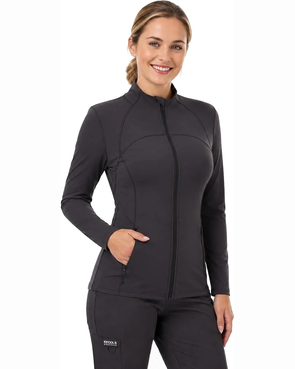 Zip-Front Scrub Jacket in Grey, KECOLS